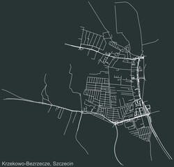 Detailed negative navigation urban street roads map on dark gray background of the quarter Krzekowo-Bezrzecze municipal neighborhood of the Polish regional capital city of Szczecin, Poland