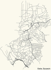 Detailed navigation urban street roads map on vintage beige background of the quarter Osów municipal neighborhood of the Polish regional capital city of Szczecin, Poland