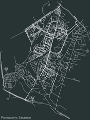 Detailed negative navigation urban street roads map on dark gray background of the quarter Pomorzany municipal neighborhood of the Polish regional capital city of Szczecin, Poland