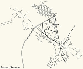 Detailed navigation urban street roads map on vintage beige background of the quarter Bukowo municipal neighborhood of the Polish regional capital city of Szczecin, Poland