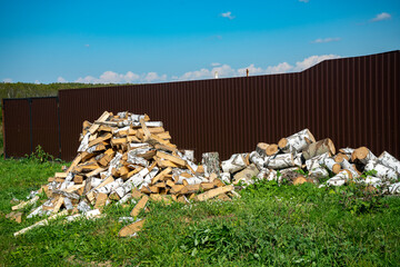 Chopped birch firewood in a heap near the fence.