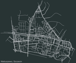 Detailed negative navigation urban street roads map on dark gray background of the quarter Niebuszewo municipal neighborhood of the Polish regional capital city of Szczecin, Poland