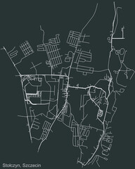Detailed negative navigation urban street roads map on dark gray background of the quarter Stołczyn municipal neighborhood of the Polish regional capital city of Szczecin, Poland