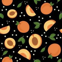 Fruit pattern of peaches on a black background, vector illustration
