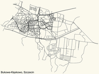 Detailed navigation urban street roads map on vintage beige background of the quarter Bukowe-Klęskowo municipal neighborhood of the Polish regional capital city of Szczecin, Poland