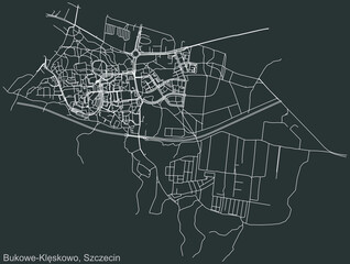Detailed negative navigation urban street roads map on dark gray background of the quarter Bukowe-Klęskowo municipal neighborhood of the Polish regional capital city of Szczecin, Poland