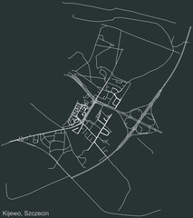 Detailed negative navigation urban street roads map on dark gray background of the quarter Kijewo municipal neighborhood of the Polish regional capital city of Szczecin, Poland