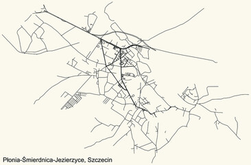 Detailed navigation urban street roads map on vintage beige background of the quarter Płonia-Śmierdnica-Jezierzyce municipal neighborhood of the Polish regional capital city of Szczecin, Poland