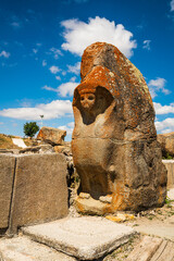 Ancient gate entrance with sphinx from the Hittite period in Alacahoyuk. Corum, Turkey.