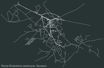Detailed negative navigation urban street roads map on dark gray background of the quarter Płonia-Śmierdnica-Jezierzyce municipal neighborhood of the Polish regional capital city of Szczecin, Poland