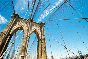 The archways and ropes of Brooklyn Bridge, New York, USA
