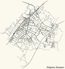 Detailed navigation urban street roads map on vintage beige background of the quarter Podjuchy municipal neighborhood of the Polish regional capital city of Szczecin, Poland
