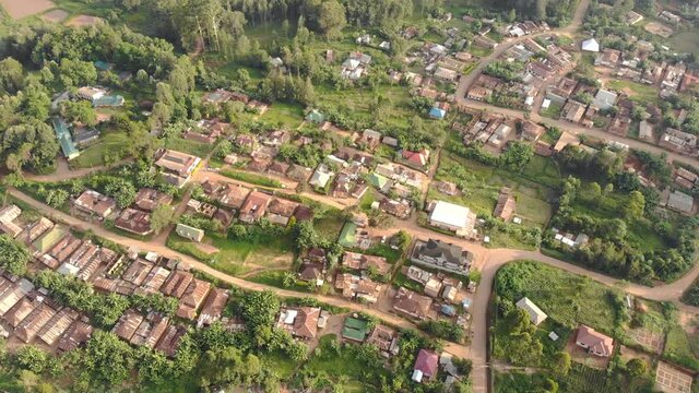 aerial flyby shot of lushoto town based in tanga region of tanzania remote calm district in usambara mountains in east africa