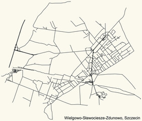 Detailed navigation urban street roads map on vintage beige background of the quarter Wielgowo-Sławociesze-Zdunowo municipal neighborhood of the Polish regional capital city of Szczecin, Poland