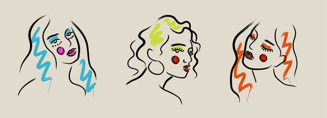 Obraz premium Trendy creative collage of one line continuous face of girls with colors abstract shapes. Minimalist woman. Contemporary set. Linear silhouette portrait.