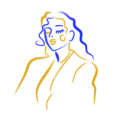 Stylized abstract woman portrait. Female beauty figure logo with blue and yellow contour. One line continuous model. Girl in jacket