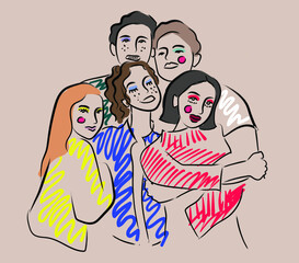 Group portrait of smiling teenage boys and girls or school friends standing together, hugging each other, waving hands. Abstract, flat, cartoon, trendy vector illustration. 