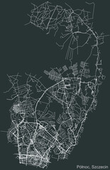 Detailed negative navigation urban street roads map on dark gray background of the quarter Północ district of the Polish regional capital city of Szczecin, Poland