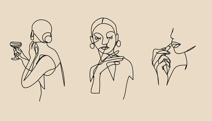 One line woman portrait, creative freehand composition in contemporary abstract style. Beauty fashion female young figure, design for print, card, poster