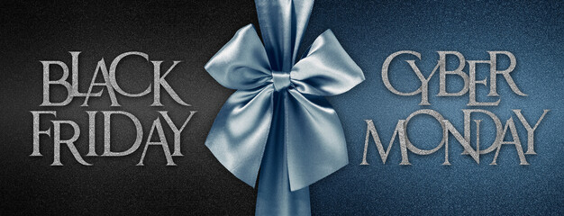 black friday cyber monday gift card with shiny blue ribbon bow isolated on glittering black...