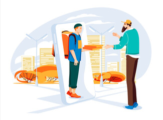 Pizza delivery service concept. Delivery guy from big smartphone give pizza to order man. City street. Flat colorful cartoon illustration. Isolated on white background