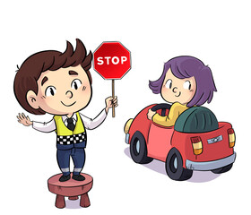 Illustration of urban police boy and girl with car