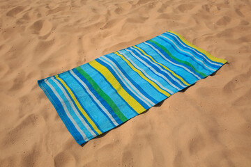 Fototapeta na wymiar Soft bright striped beach towel on sand
