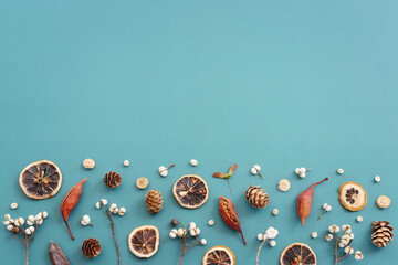 Top view image of autumn forest natural composition over blue background .Flat lay