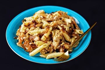 chicken alfredo pasta penne with caramelized onion