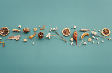 Top view image of autumn forest natural composition over green background .Flat lay