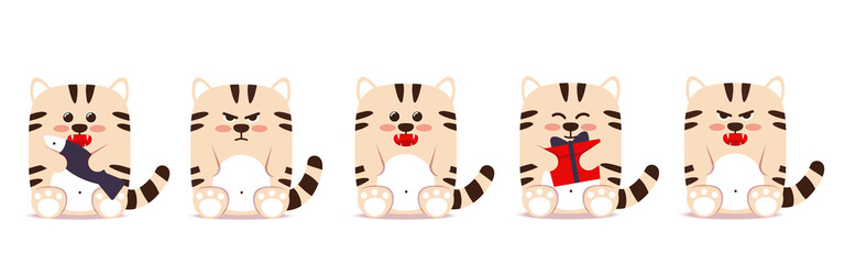 Set of cute little tigers cats in a flat style. Animal symbol for Chinese New Year 2022. Angry sullen white tiger sits with a gift box fish. For banner, nursery decor. Vector illustration.