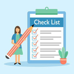 Woman holding giant pencil and working on check list in flat design.