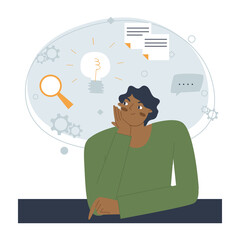 A men with dark skin sits at her desk and thinks. A cloud of thoughts in search of ideas. Flat vector illustration.