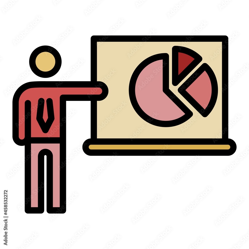 Poster man show pie graph icon. outline man show pie graph vector icon color flat isolated