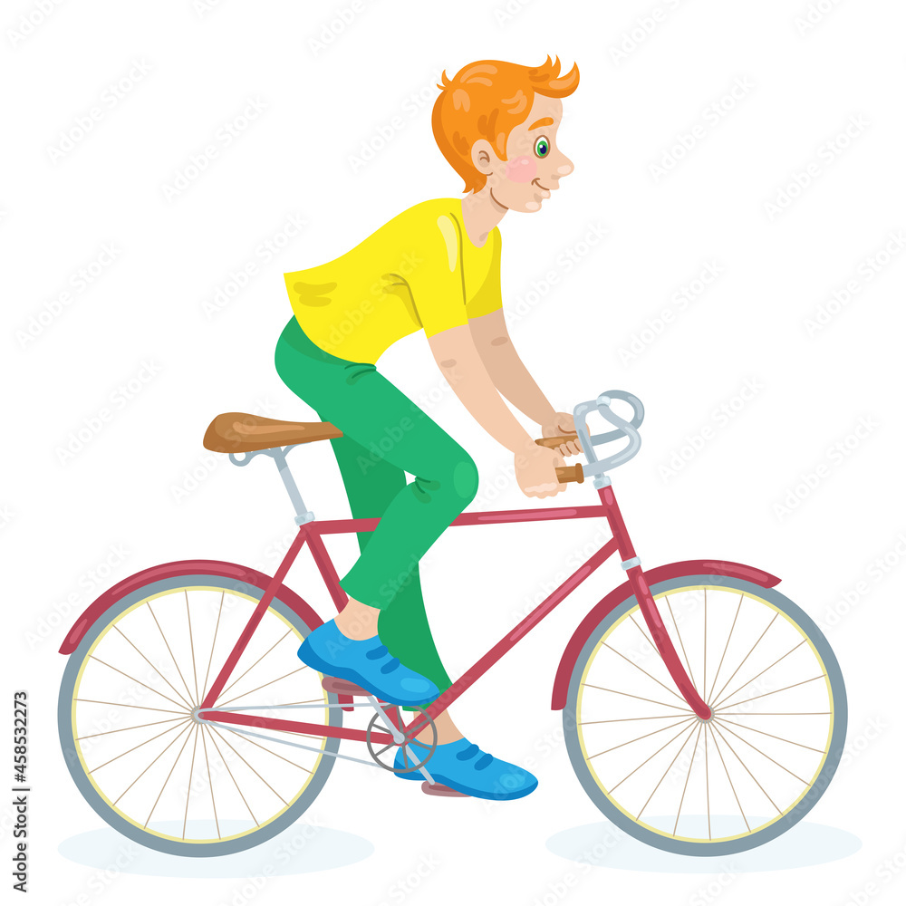 Wall mural Young man rides a bicycle. In cartoon style. Isolated on white background. Vector illustration.