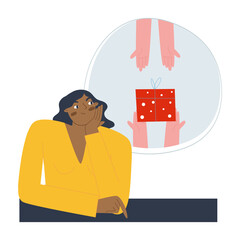 A girl sits at the table and dreams of a gift. A woman thinks about what to give her friend. The concept of preparing for the holiday. Flat vector illustration of a character