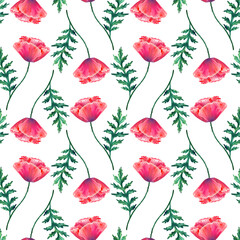 Seamless pattern with red poppy flowers. Watercolor papaver. Green stems and leaves. Hand drawn botanical illustration. On white. Texture for print, fabric, textile, wallpaper.