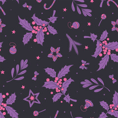 Seamless pattern with purple and pink Christmas symbols isolated on black background. Colorful template of background for holidays.
