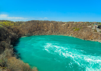 Niagara Falls river canyon lagoon  landscape spring time on sunny day, turquoise waters, blue sky