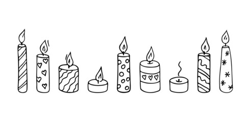Doodle candles set.Decoration for birthday party or romantic dinner for Valentine's Day.Festive hand-drawn collection candlelight with wick and wax.Elements for creating a special atmosphere.Isolated