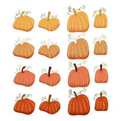 Autumn elements in warm colors with pumpkins. Vector design for autumn card, poster, logo, print, etc. 