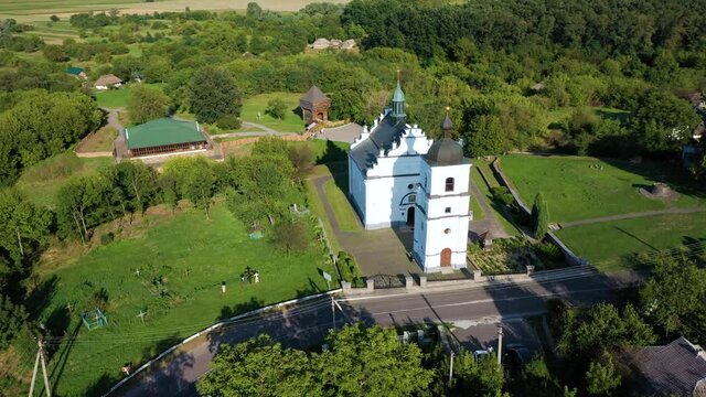 Old Elias church in Subotiv, Cherkasy region. Aerial orbiting view