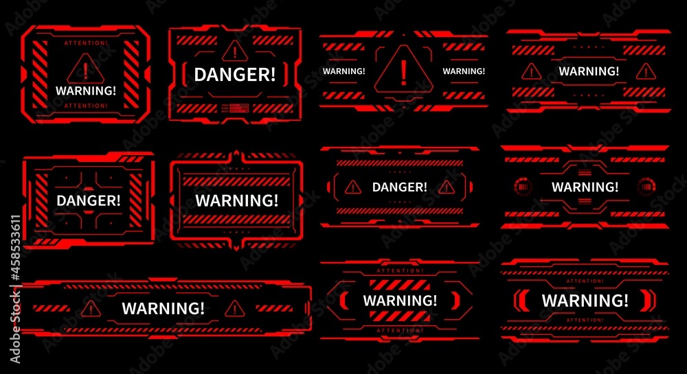 Leinwandbilder HUD danger and alert attention vector red interface signs, warning and caution UI. HUD tech and digital cyber frames alert warning on screen, error attention or attack damage and system failure