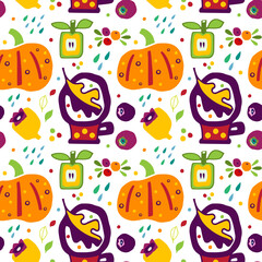 Seamless pattern with a collection of autumn pictures on a white background. Vector illustration. Illustration for  wrapping paper, post cards, advertising, packaging.
