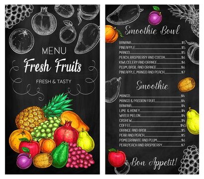 Smoothie cafe tropical fruits drinks chalkboard menu. Pineapple, grape and pomegranate, pear, apple and plum, avocado, kiwifruit and orange, peach and mango sketch vector. Drinks menu cover template - Powered by Adobe
