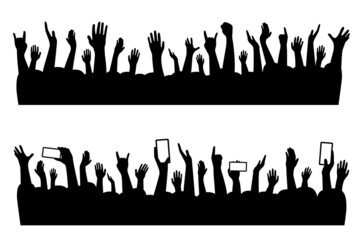 Musical concert hands of people crowd silhouette, vector music party audience background. Music band festival people hands shadow for dance or cheers on rock concert stage or show applause