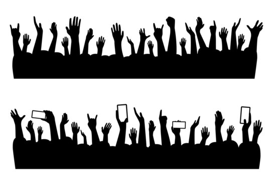 Musical Concert Hands Of People Crowd Silhouette, Vector Music Party Audience Background. Music Band Festival People Hands Shadow For Dance Or Cheers On Rock Concert Stage Or Show Applause