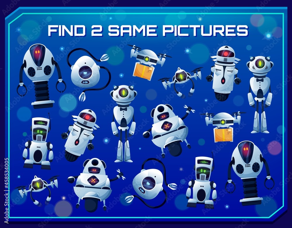 Poster find two same robots vector kids game and education puzzle. matching maze game, memory or attention 