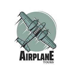 Airplane tours vector icon with vintage plane or airplane, air travel, aviation, tourism and airline flight. Retro twin engine turboprop aircraft with two propellers isolated round badge or symbol