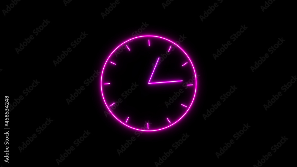 Poster clock animation. pink color neon light clock. abstract pink color neon light clock animation on colo